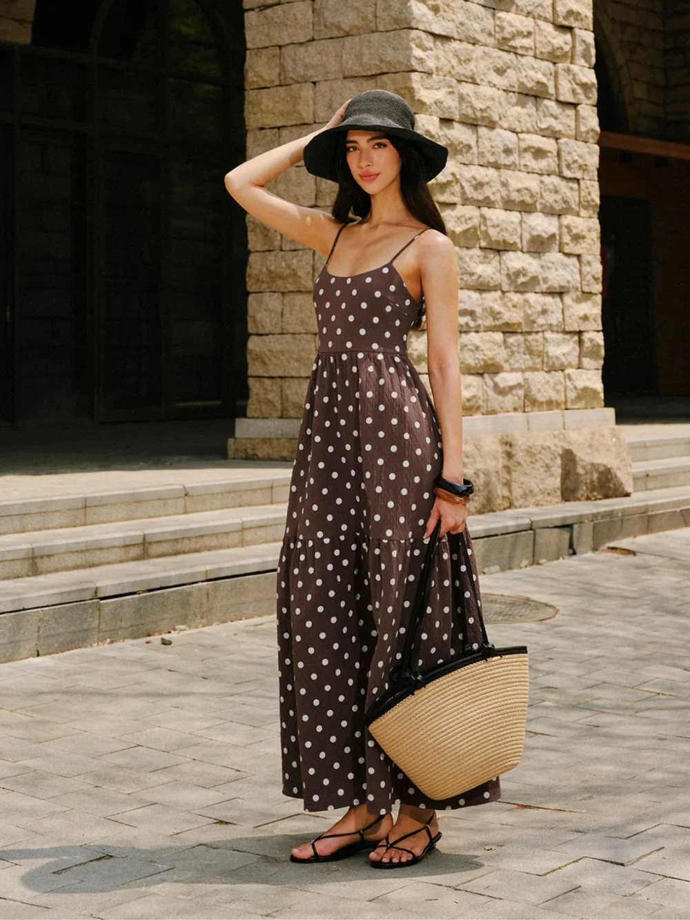 Commense Brown & White Polka Dot Spaghetti-Strap Tiered Maxi Dress - Picture 3 of 8